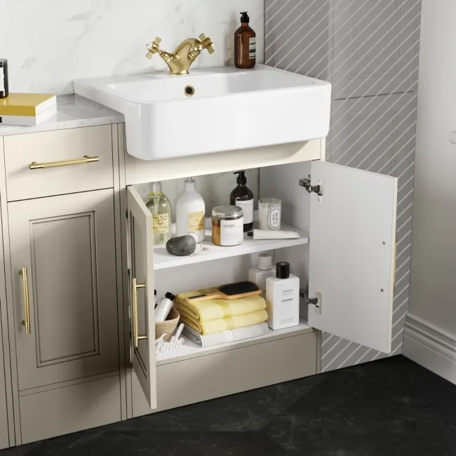 Monaco Chalk White Combination Vanity Basin with Marble Top and Hudson Toilet with Wooden Seat 1500mm - Brass Knurled Handles