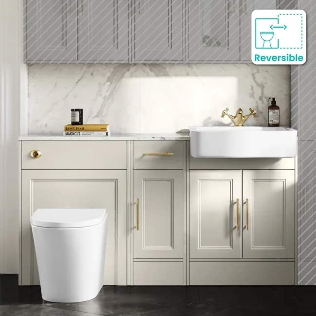 Monaco Chalk White Combination Vanity Basin with Marble Top and Boston Toilet 1500mm - Brass Knurled Handles