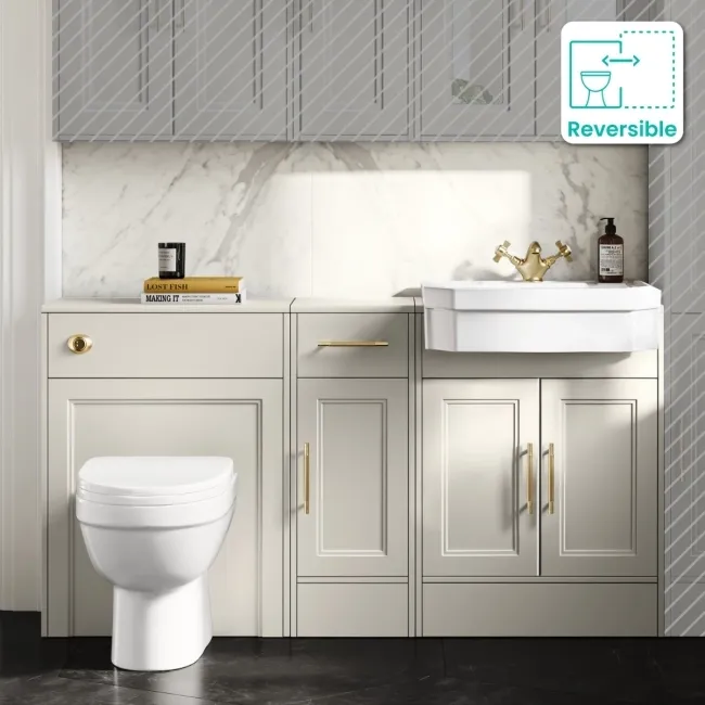 Monaco Chalk White Combination Vanity Traditional Basin and Seattle Toilet 1500mm - Brass Knurled Handles