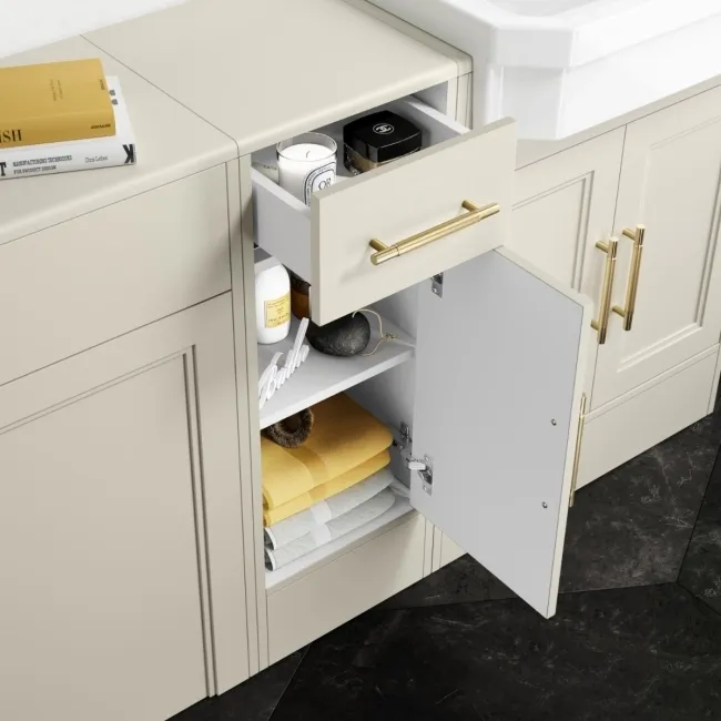 Monaco Chalk White Combination Vanity Traditional Basin and Seattle Toilet 1500mm - Brass Knurled Handles
