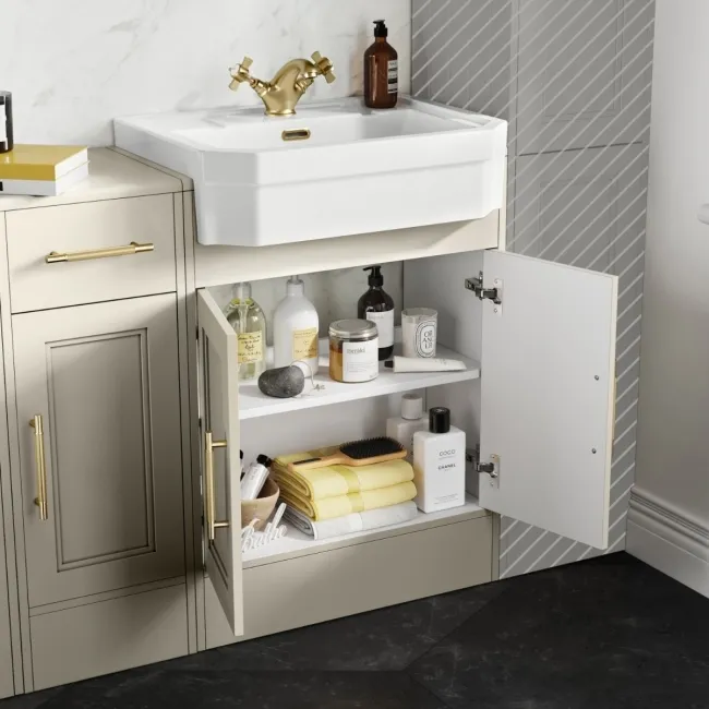 Monaco Chalk White Combination Vanity Traditional Basin and Boston Toilet 1500mm - Brass Knurled Handles