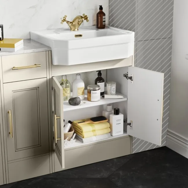 Monaco Chalk White Combination Vanity Traditional Basin with Marble Top & Hudson Toilet with Wooden Seat 1500mm - Brass Knurled Handles