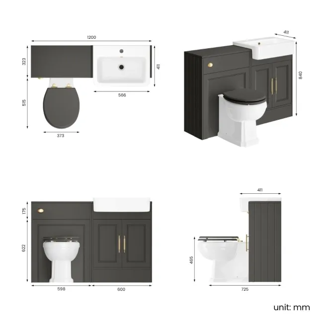 Monaco Graphite Grey Combination Vanity Basin and Hudson Toilet with Wooden Seat 1200mm - Brass Knurled Handles
