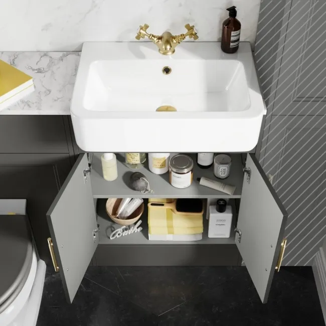 Monaco Graphite Grey Combination Vanity Basin with Marble Top & Hudson Toilet with Wooden Seat 1200mm - Brass Knurled Handles