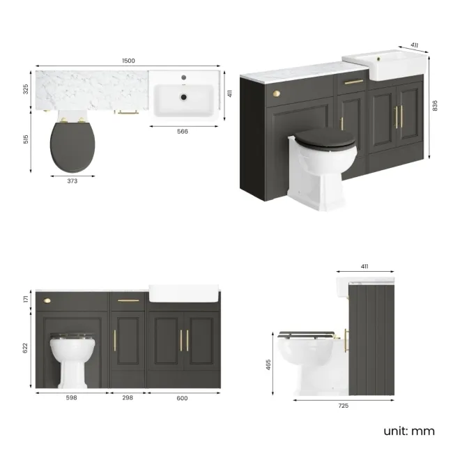 Monaco Graphite Grey Combination Vanity Basin with Marble Top and Hudson Toilet with Wooden Seat 1500mm - Brass Knurled Handles
