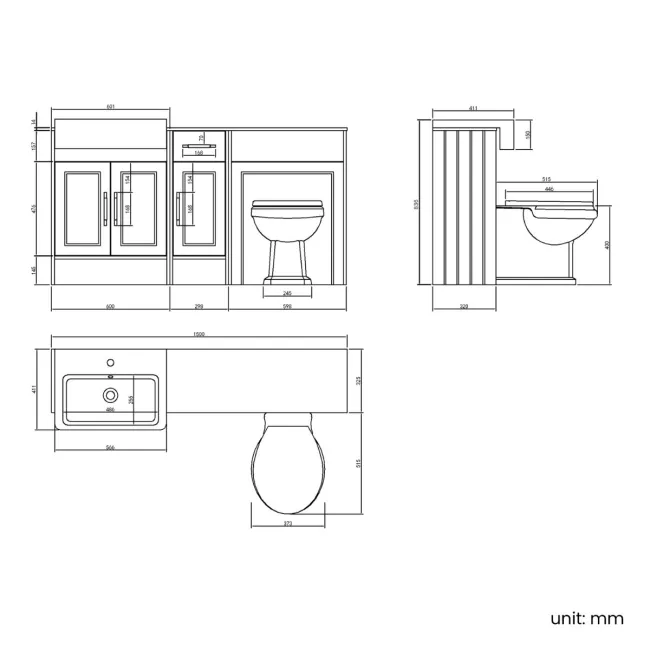 Monaco Graphite Grey Combination Vanity Basin with Marble Top and Hudson Toilet with Wooden Seat 1500mm - Brass Knurled Handles