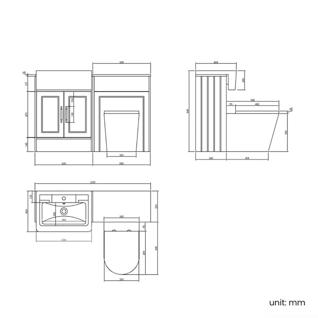 Monaco Graphite Grey Combination Vanity Traditional Basin and Boston Toilet 1200mm - Brass Knurled Handles