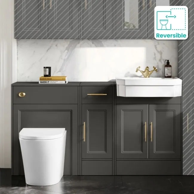 Monaco Graphite Grey Combination Vanity Traditional Basin and Boston Toilet 1500mm - Brass Knurled Handles