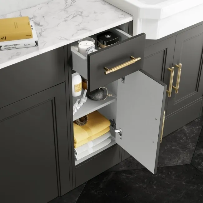 Monaco Graphite Grey Combination Vanity Traditional Basin with Marble Top & Hudson Toilet with Wooden Seat 1500mm - Brass Knurled Handles