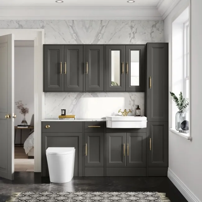 Monaco Graphite Grey Combination Vanity Traditional Basin with Marble Top and Boston Toilet 1500mm - Brass Knurled Handles