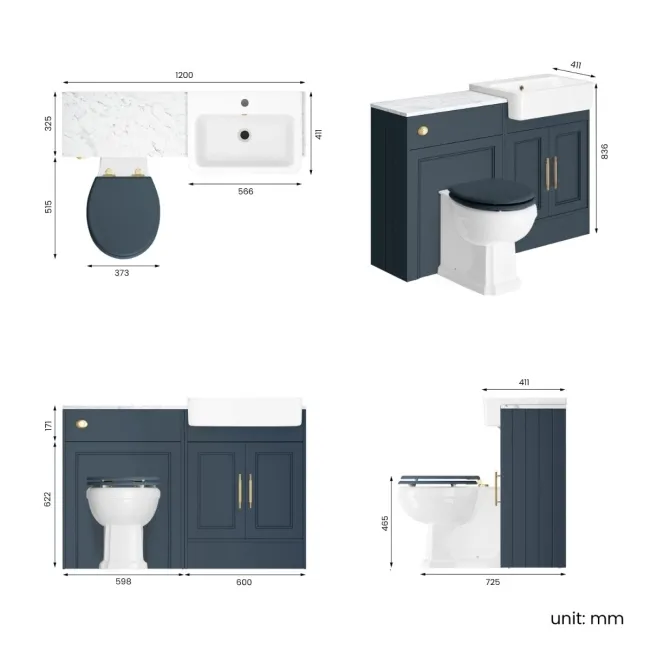 Monaco Inky Blue Combination Vanity Basin with Marble Top & Hudson Toilet with Wooden Seat 1200mm - Brass Knurled Handles