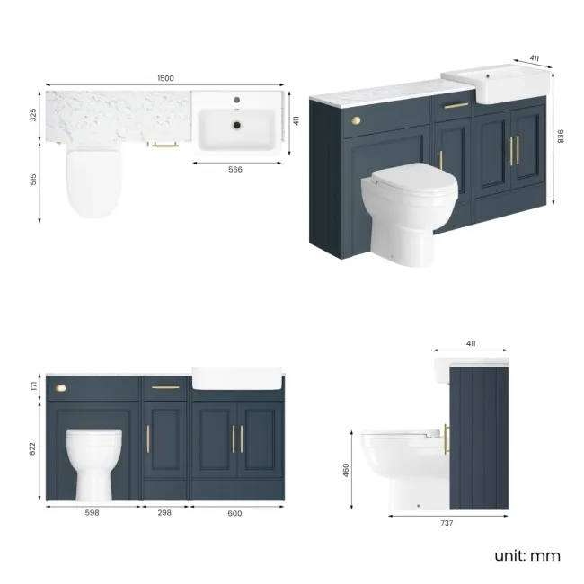 Monaco Inky Blue Combination Vanity Basin with Marble Top and Seattle Toilet 1500mm - Brass Knurled Handles