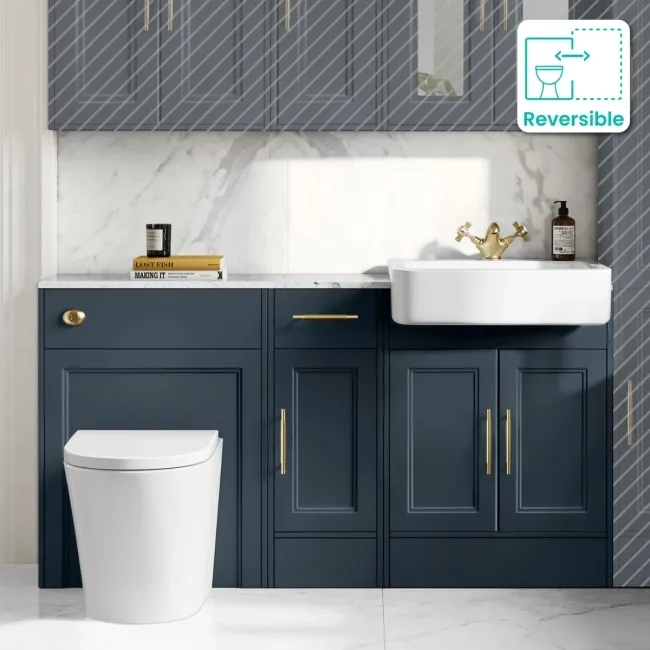 Monaco Inky Blue Combination Vanity Basin with Marble Top and Boston Toilet 1500mm - Brass Knurled Handles