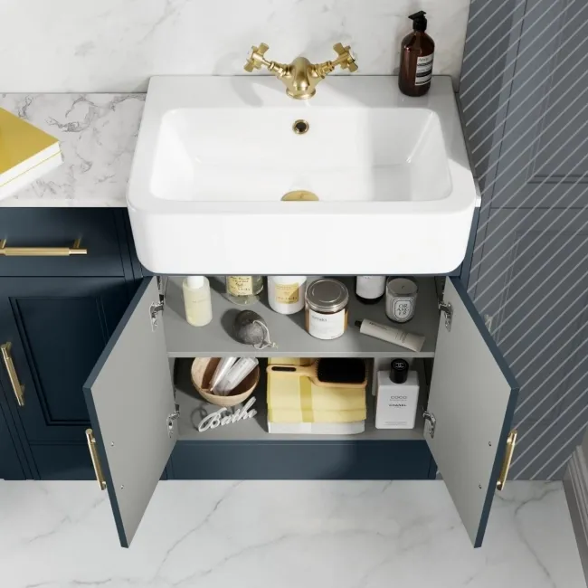 Monaco Inky Blue Combination Vanity Basin with Marble Top and Boston Toilet 1500mm - Brass Knurled Handles