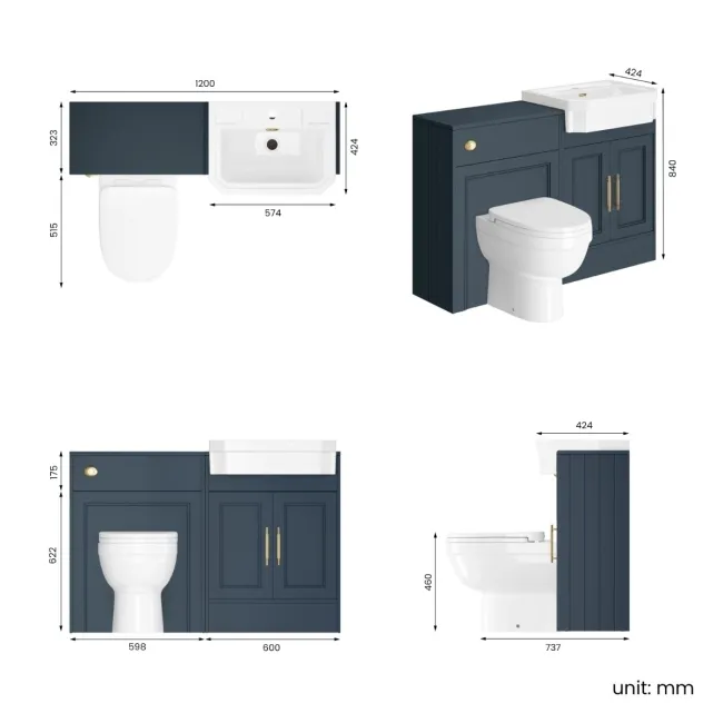 Monaco Inky Blue Combination Vanity Traditional Basin and Seattle Toilet 1200mm - Brass Knurled Handles