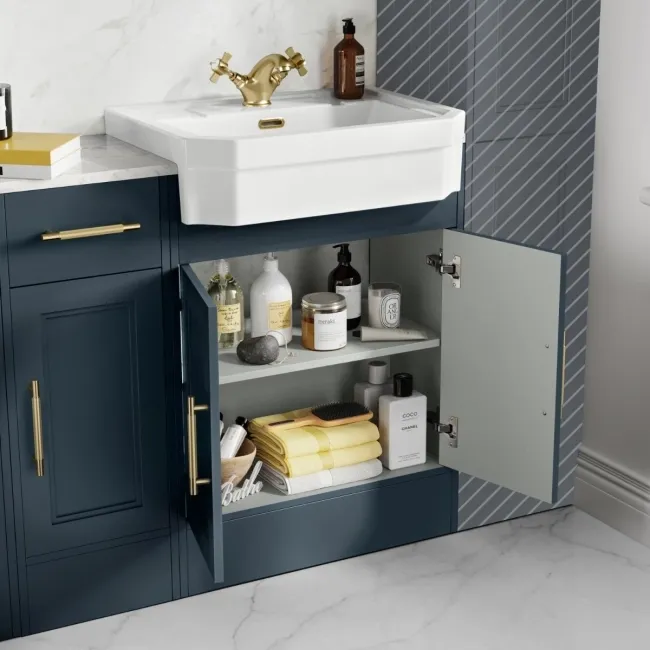 Monaco Inky Blue Combination Vanity Traditional Basin with Marble Top and Seattle Toilet 1500mm - Brass Knurled Handles