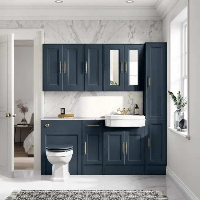 Monaco Inky Blue Combination Vanity Traditional Basin with Marble Top & Hudson Toilet with Wooden Seat 1500mm - Brass Knurled Handles