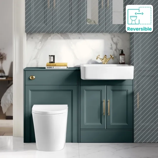 Monaco Midnight Green Combination Vanity Basin and Boston Toilet 1200mm - Brass Knurled Handles