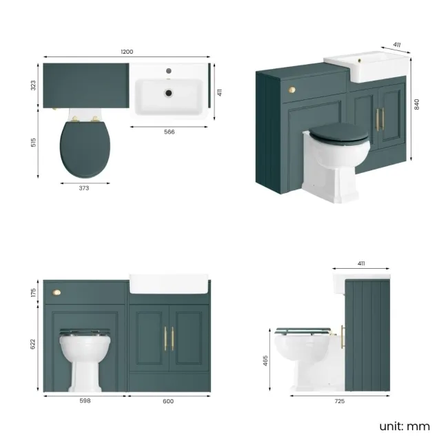 Monaco Midnight Green Combination Vanity Basin and Hudson Toilet with Wooden Seat 1200mm - Brass Knurled Handles