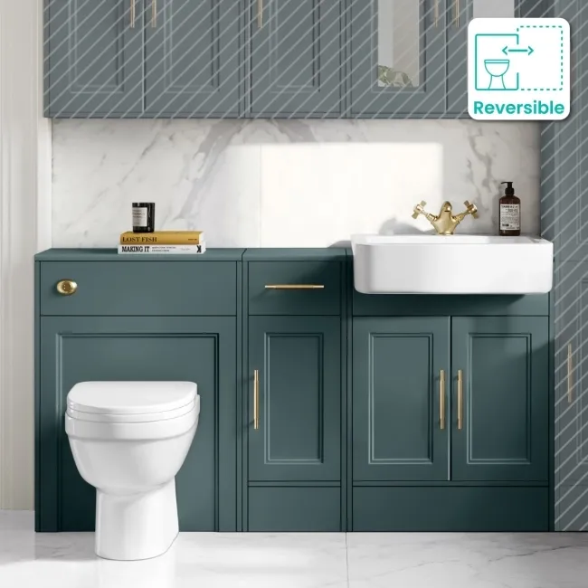 Monaco Midnight Green Combination Vanity Basin and Seattle Toilet 1500mm - Brass Knurled Handles