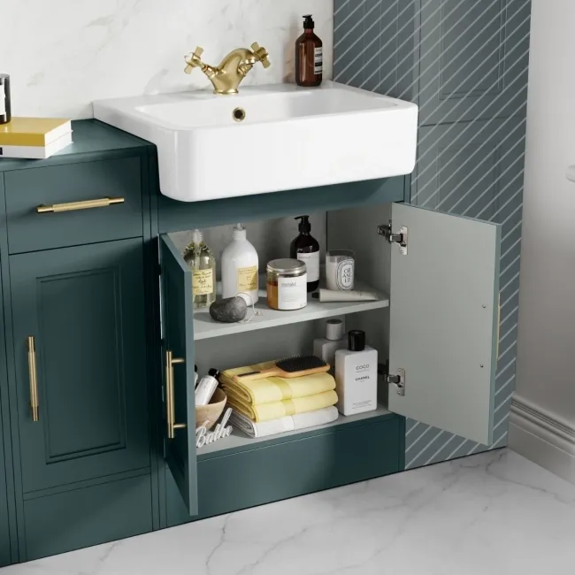 Monaco Midnight Green Combination Vanity Basin and Seattle Toilet 1500mm - Brass Knurled Handles
