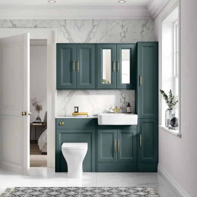 Monaco Midnight Green Combination Vanity Basin with Marble Top & Atlanta Toilet 1200mm - Brass Knurled Handles