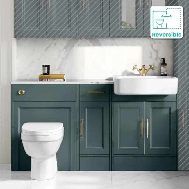 Monaco Midnight Green Combination Vanity Basin with Marble Top and Seattle Toilet 1500mm - Brass Knurled Handles