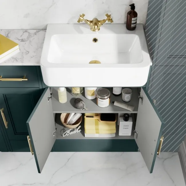 Monaco Midnight Green Combination Vanity Basin with Marble Top and Hudson Toilet with Wooden Seat 1500mm - Brass Knurled Handles