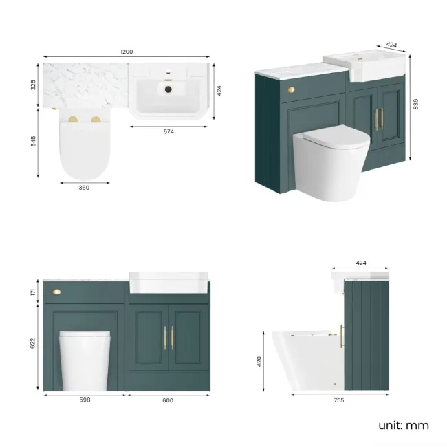 Monaco Midnight Green Combination Vanity Traditional Basin with Marble Top & Boston Toilet 1200mm - Brass Knurled Handles
