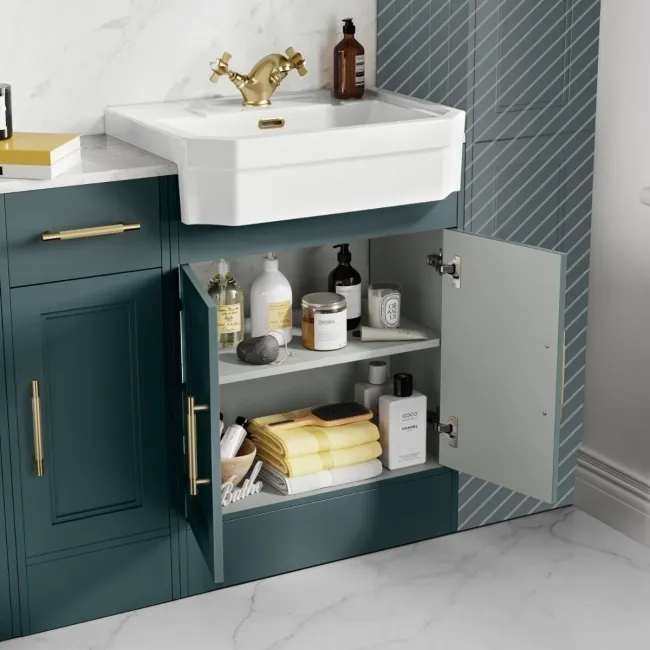 Monaco Midnight Green Combination Vanity Traditional Basin with Marble Top & Hudson Toilet with Wooden Seat 1500mm - Brass Knurled Handles