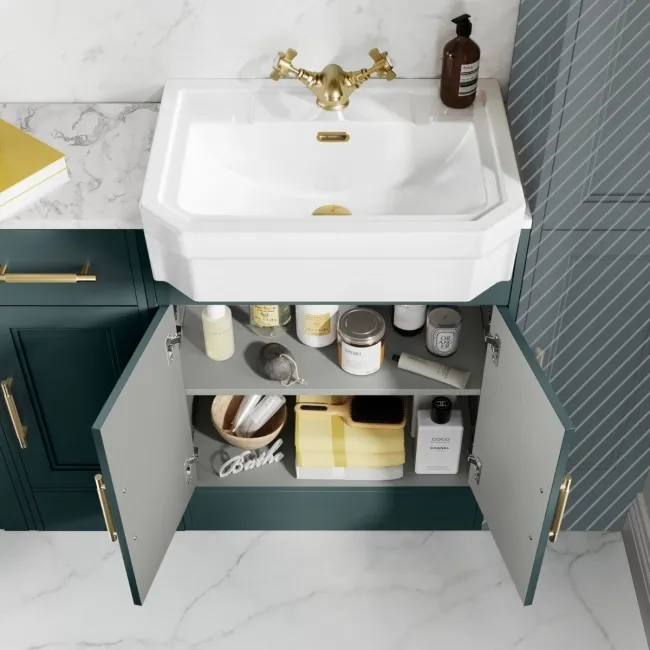 Monaco Midnight Green Combination Vanity Traditional Basin with Marble Top & Hudson Toilet with Wooden Seat 1500mm - Brass Knurled Handles