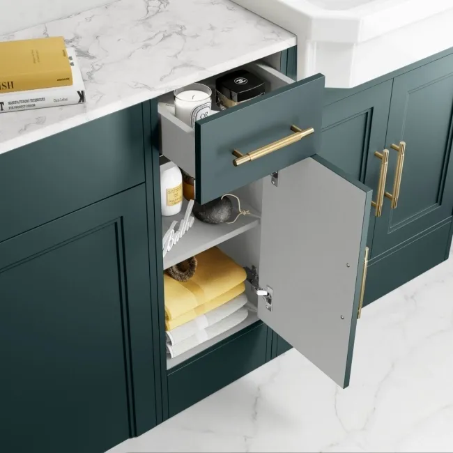 Monaco Midnight Green Combination Vanity Traditional Basin with Marble Top & Hudson Toilet with Wooden Seat 1500mm - Brass Knurled Handles
