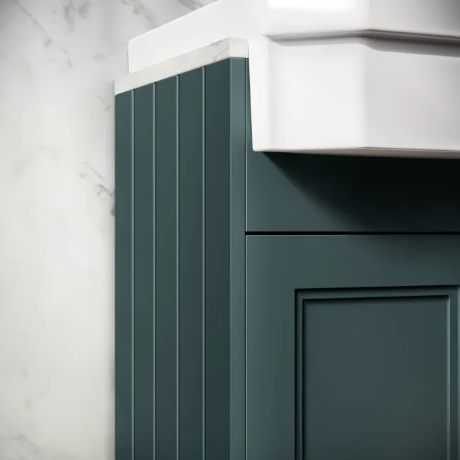 Monaco Midnight Green Combination Vanity Traditional Basin with Marble Top & Hudson Toilet with Wooden Seat 1500mm - Brass Knurled Handles