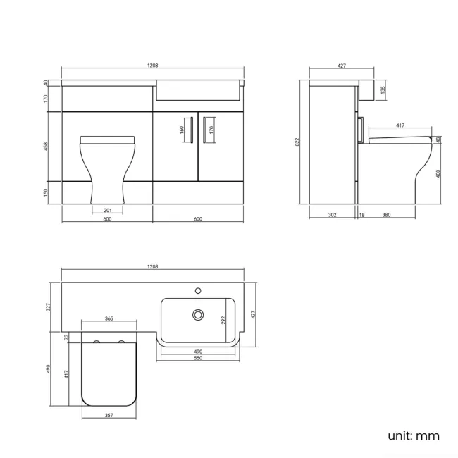 Harper Gloss White Combination Vanity Basin and Houston Toilet 1200mm - Brushed Brass Accents - Right Handed