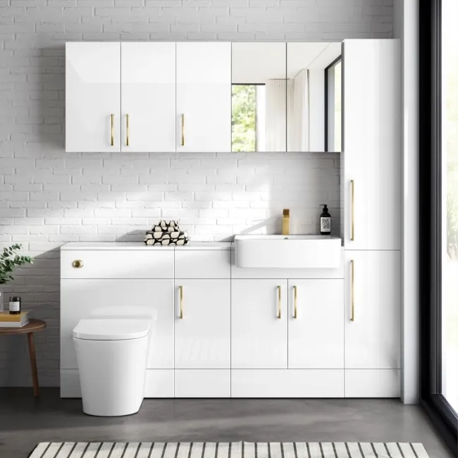 Harper Gloss White Combination Vanity Basin and Tucson Toilet 1500mm - Brushed Brass Accents