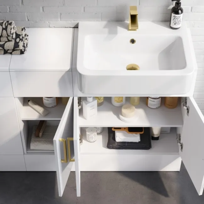 Harper Gloss White Combination Vanity Basin and Tucson Toilet 1500mm - Brushed Brass Accents