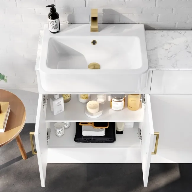Harper Gloss White Combination Vanity Basin with Marble Top & Tucson Toilet 1200mm - Brushed Brass Accents