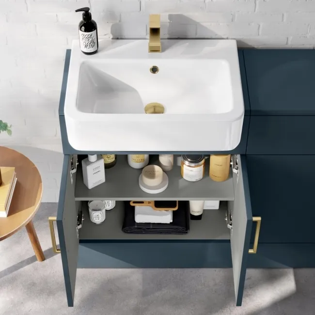 Harper Navy Blue Combination Vanity Basin and Houston Toilet 1200mm - Brushed Brass Accents