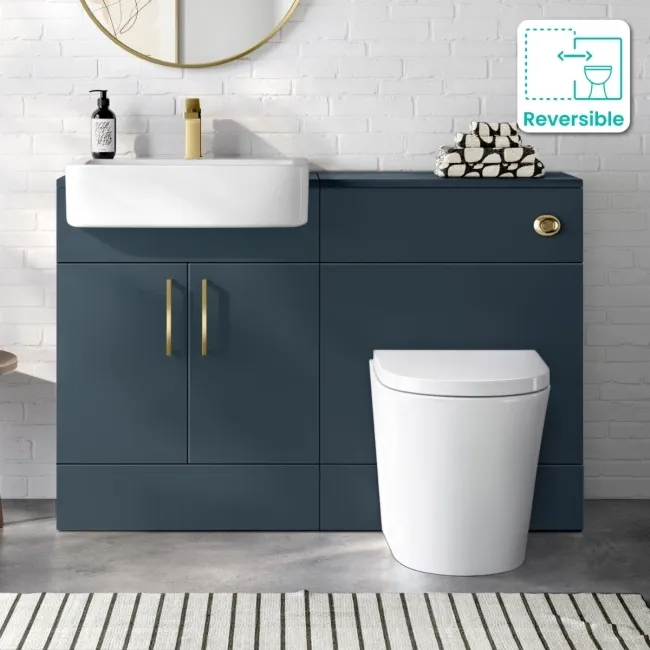 Harper Navy Blue Combination Vanity Basin and Boston Toilet 1200mm - Brushed Brass Accents