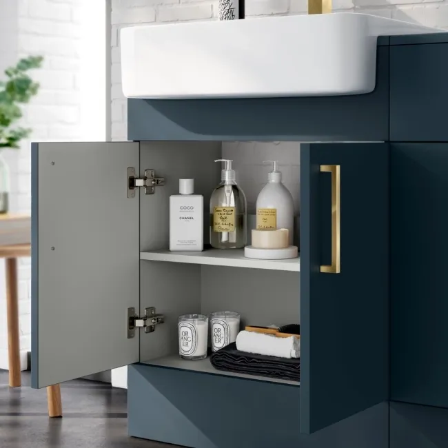Harper Navy Blue Combination Vanity Basin and Boston Toilet 1200mm - Brushed Brass Accents