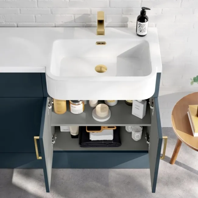 Harper Navy Blue Combination Vanity Basin and Houston Toilet 1200mm - Brushed Brass Accents - Right Handed