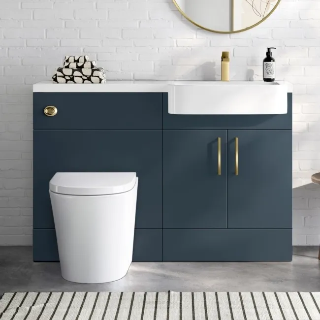 Harper Navy Blue Combination Vanity Basin and Boston Toilet 1200mm - Brushed Brass Accents - Right Handed