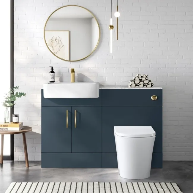 Harper Navy Blue Combination Vanity Basin with Marble Top & Tucson Toilet 1200mm - Brushed Brass Accents
