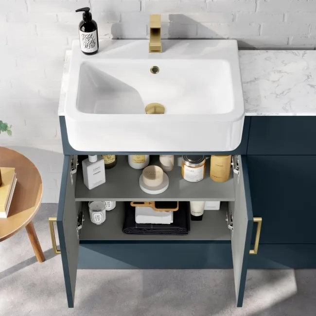 Harper Navy Blue Combination Vanity Basin with Marble Top & Houston Toilet 1200mm - Brushed Brass Accents
