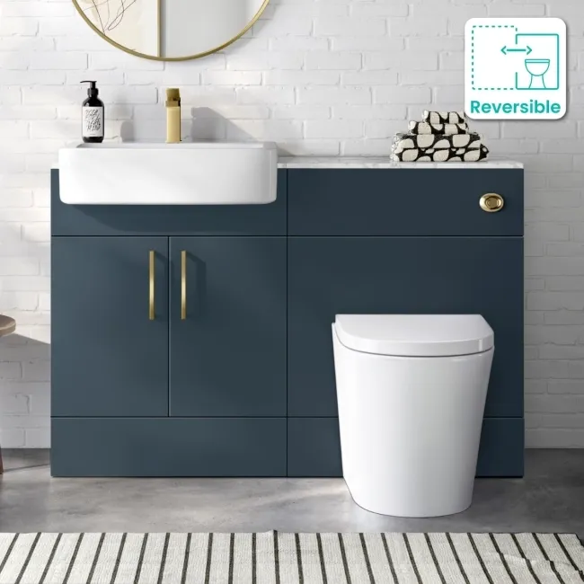 Harper Navy Blue Combination Vanity Basin with Marble Top & Boston Toilet 1200mm - Brushed Brass Accents