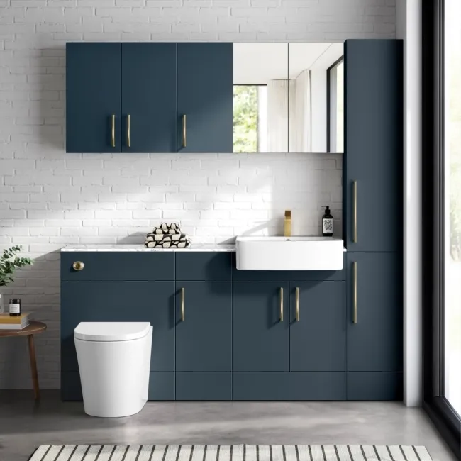 Harper Navy Blue Combination Vanity Basin with Marble Top & Boston Toilet 1500mm - Brushed Brass Accents