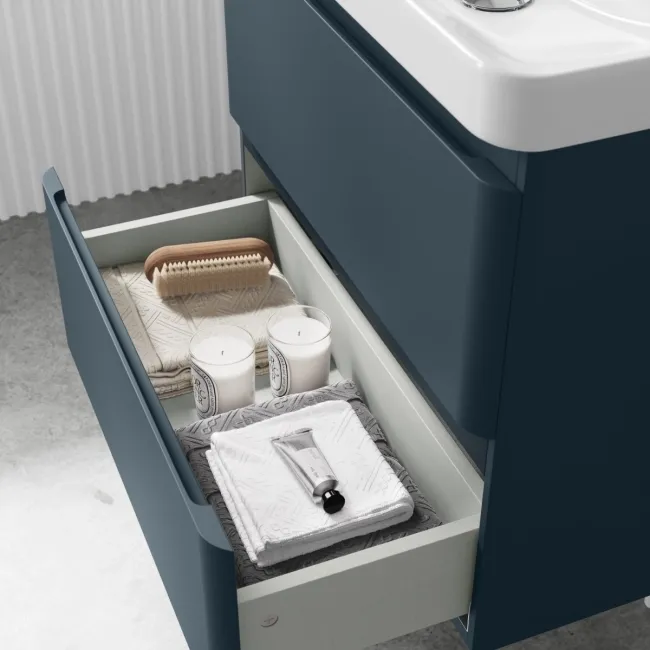 Corsica Inky Blue Wall Hung Slimline Basin Drawer Vanity 600mm