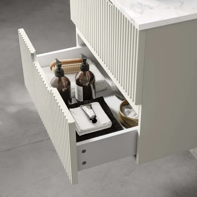 Crete Fluted Linen White Wall Hung Drawer Vanity with Marble Top & Curved Basin 600mm