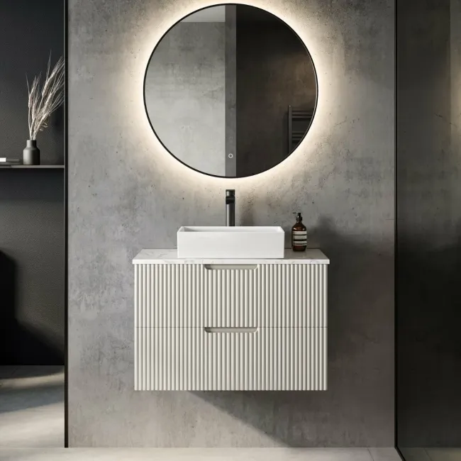 Crete Fluted Linen White Wall Hung Drawer Vanity with Marble Top & Cody Basin 800mm