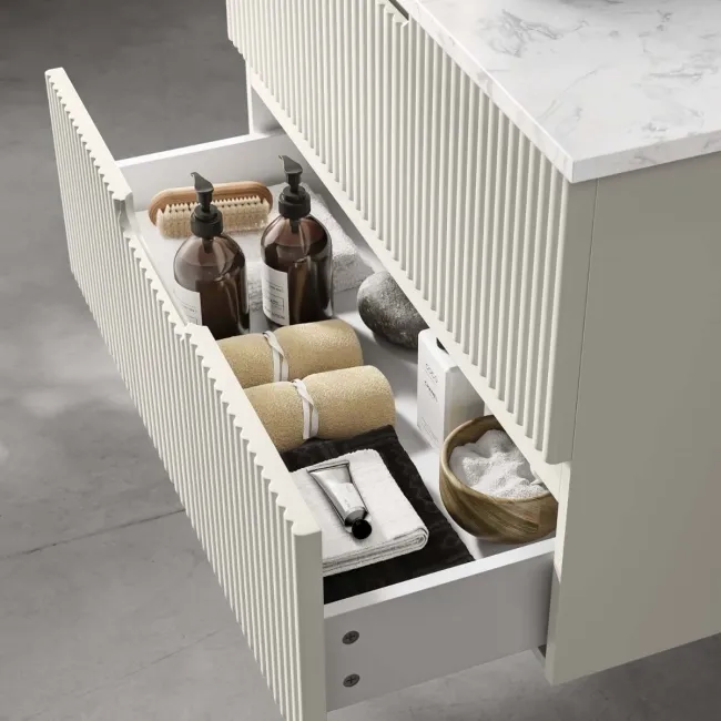 Crete Fluted Linen White Wall Hung Drawer Vanity with Marble Top & Cody Basin 800mm